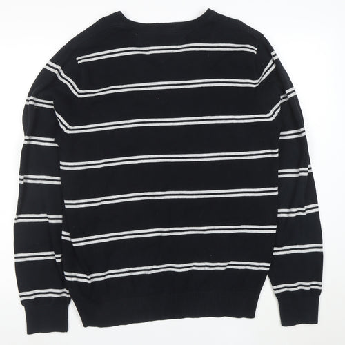 Tommy Hilfiger Men's Black V-Neck Striped Cotton Pullover Jumper L