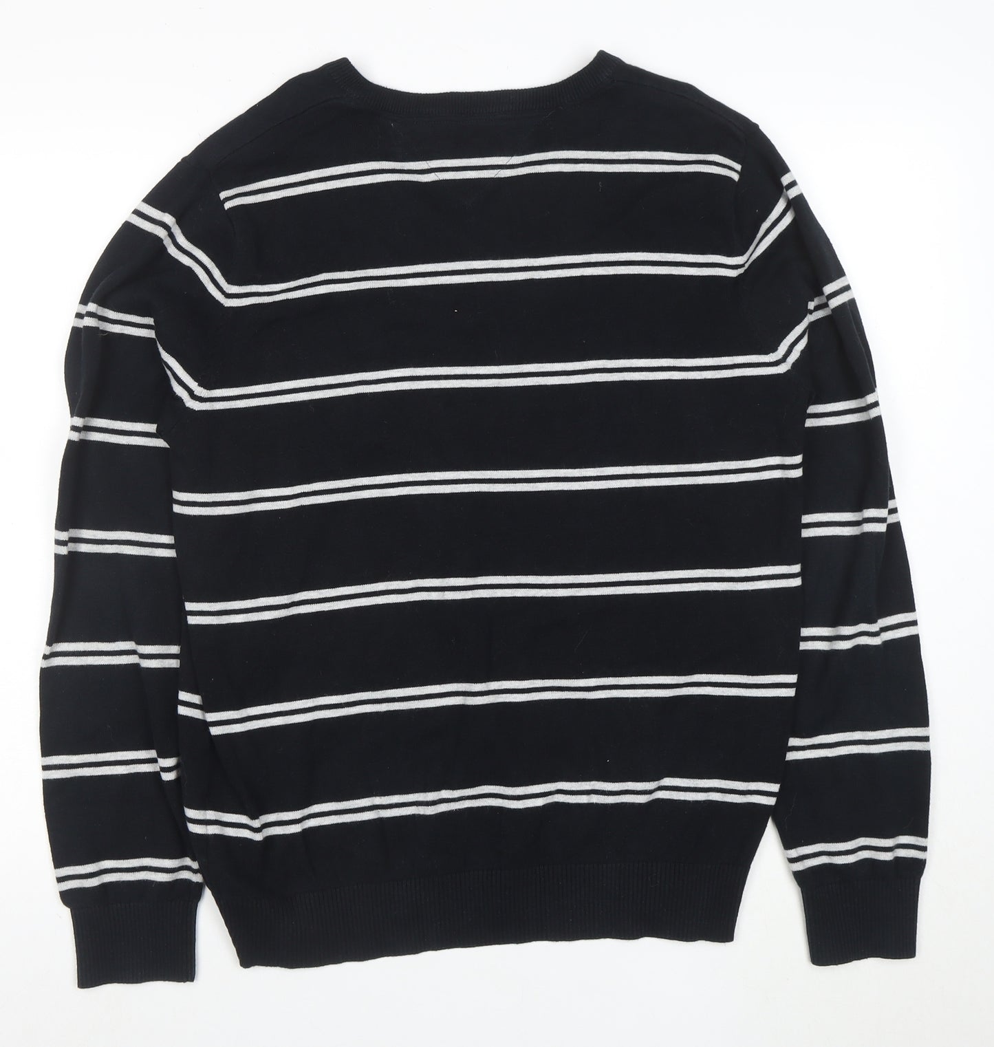 Tommy Hilfiger Men's Black V-Neck Striped Cotton Pullover Jumper L