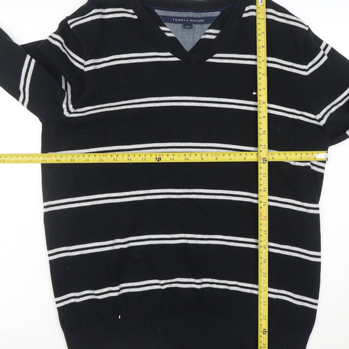 Tommy Hilfiger Men's Black V-Neck Striped Cotton Pullover Jumper L