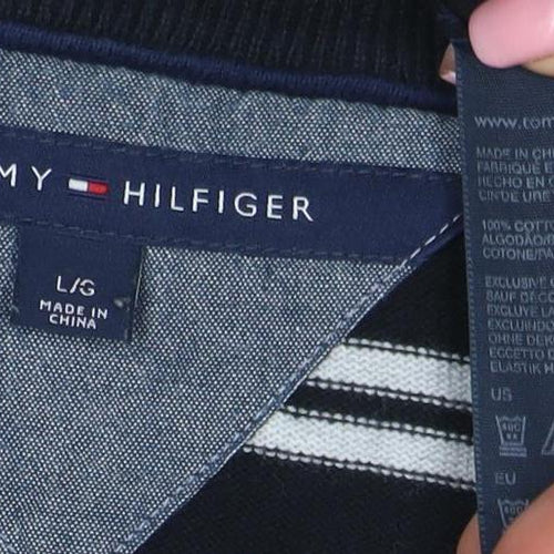 Tommy Hilfiger Men's Black V-Neck Striped Cotton Pullover Jumper L
