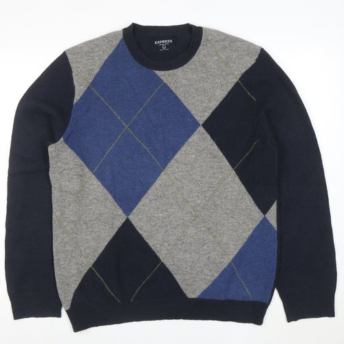 Express Men's Blue Argyle Lambswool Jumper Size L Crew Neck