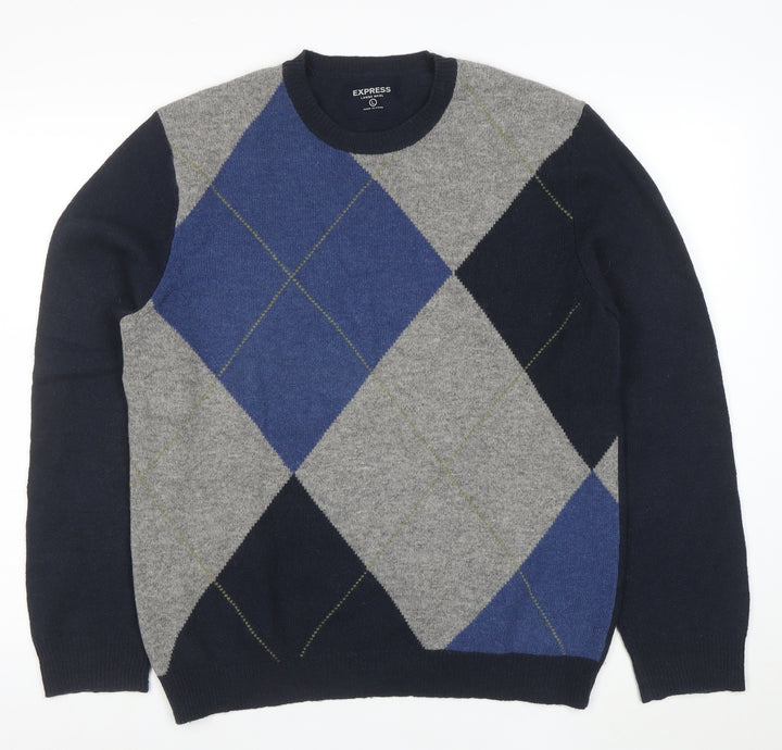 Express Men's Blue Argyle Lambswool Jumper Size L Crew Neck