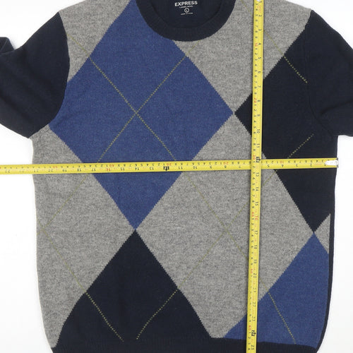 Express Men's Blue Argyle Lambswool Jumper Size L Crew Neck