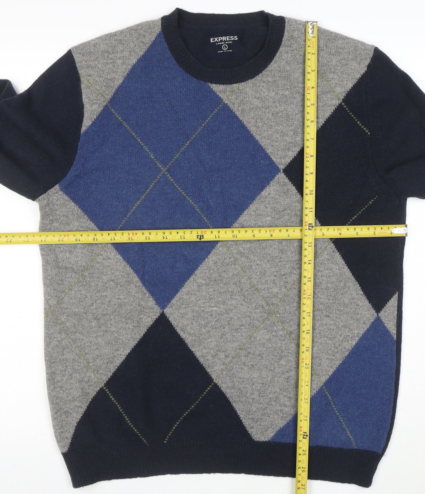 Express Men's Blue Argyle Lambswool Jumper Size L Crew Neck