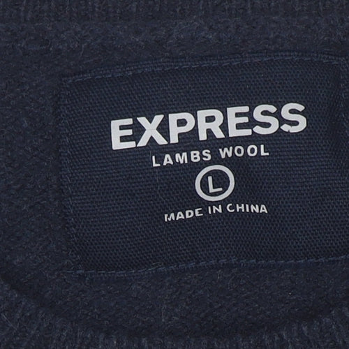 Express Men's Blue Argyle Lambswool Jumper Size L Crew Neck