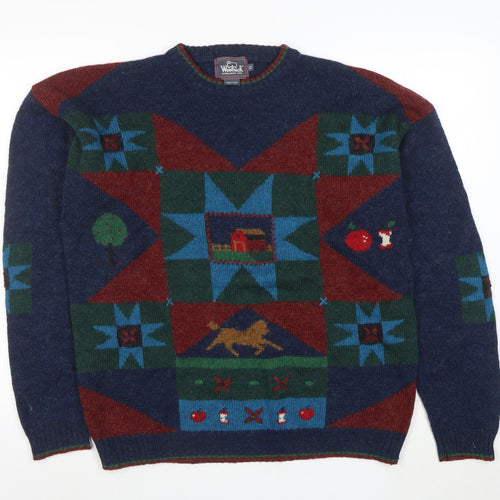 Woolrich Men's Multicoloured Wool Crew Neck Geometric Jumper XL Vintage