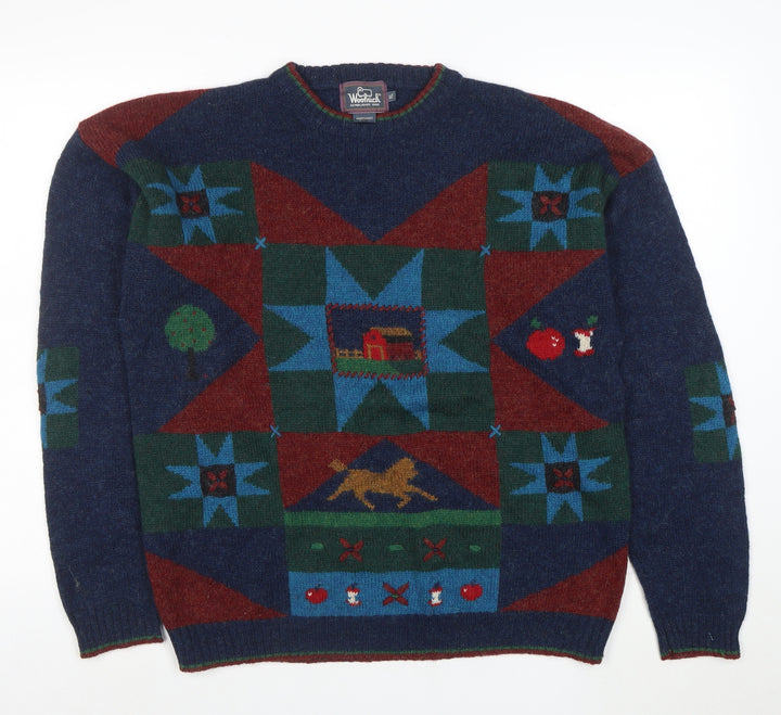 Woolrich Men's Multicoloured Wool Crew Neck Geometric Jumper XL Vintage