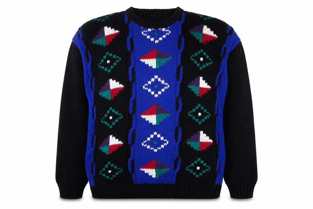 Front view of Peter England Men's Multicoloured XL Retro Geometric Chunky Knit Jumper