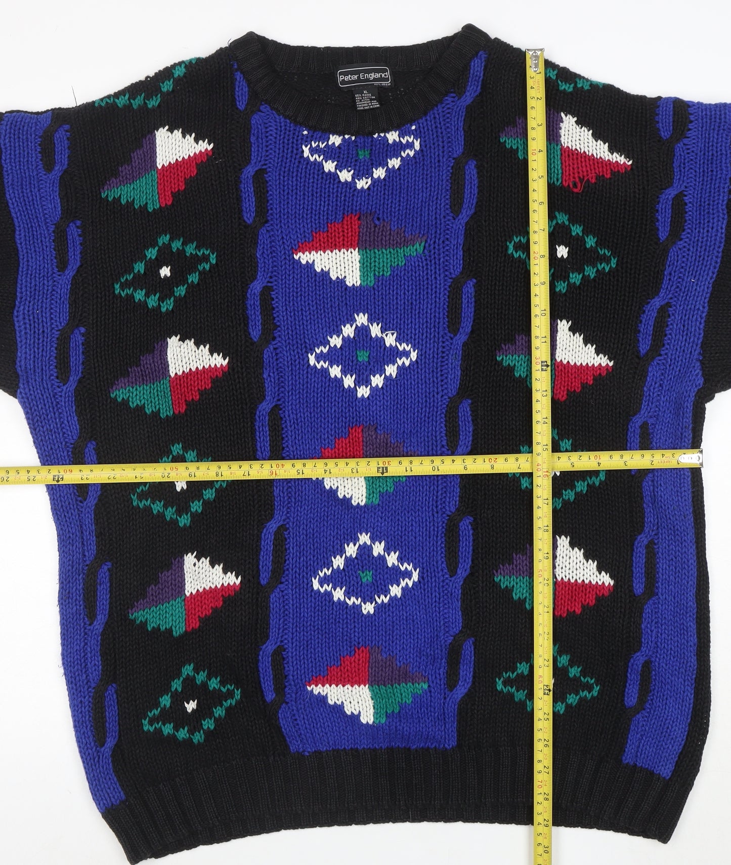 Peter England Men's Multicoloured XL Retro Geometric Chunky Knit Jumper