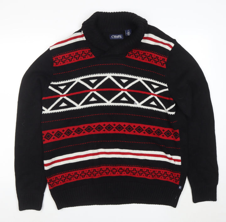Chaps Men’s Black Roll Neck Geometric Cotton Jumper Size L