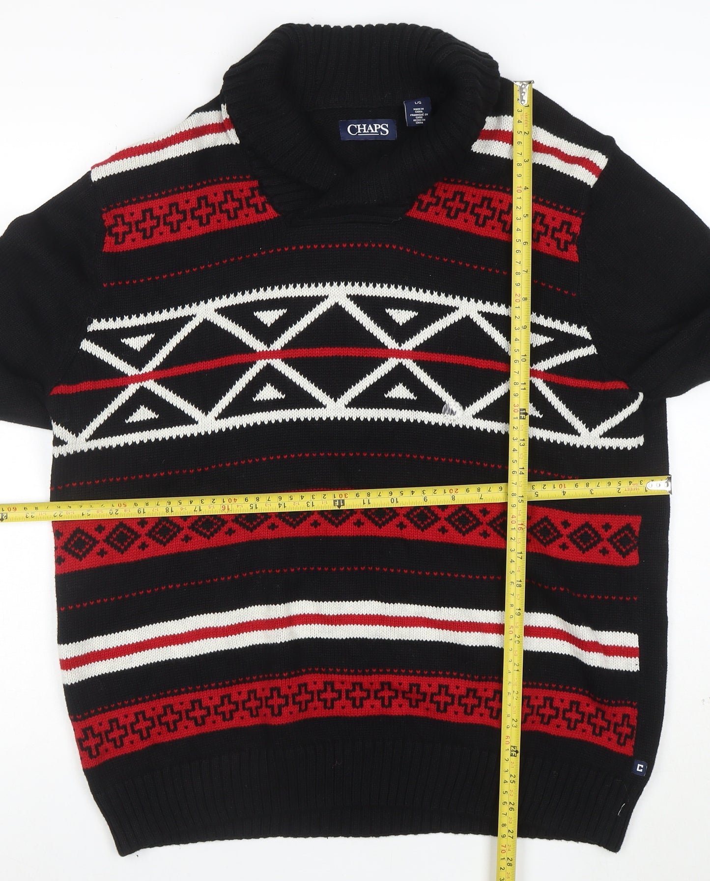Chaps Men’s Black Roll Neck Geometric Cotton Jumper Size L