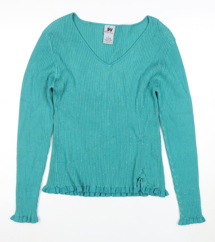 Junction West Women's Blue Rhinestone V-Neck Knit Blouse Size L