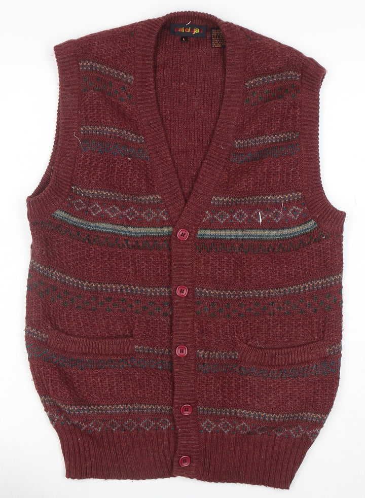 Talbots Women Burgundy Fair Isle Knit Button Vest L Wool Blend
