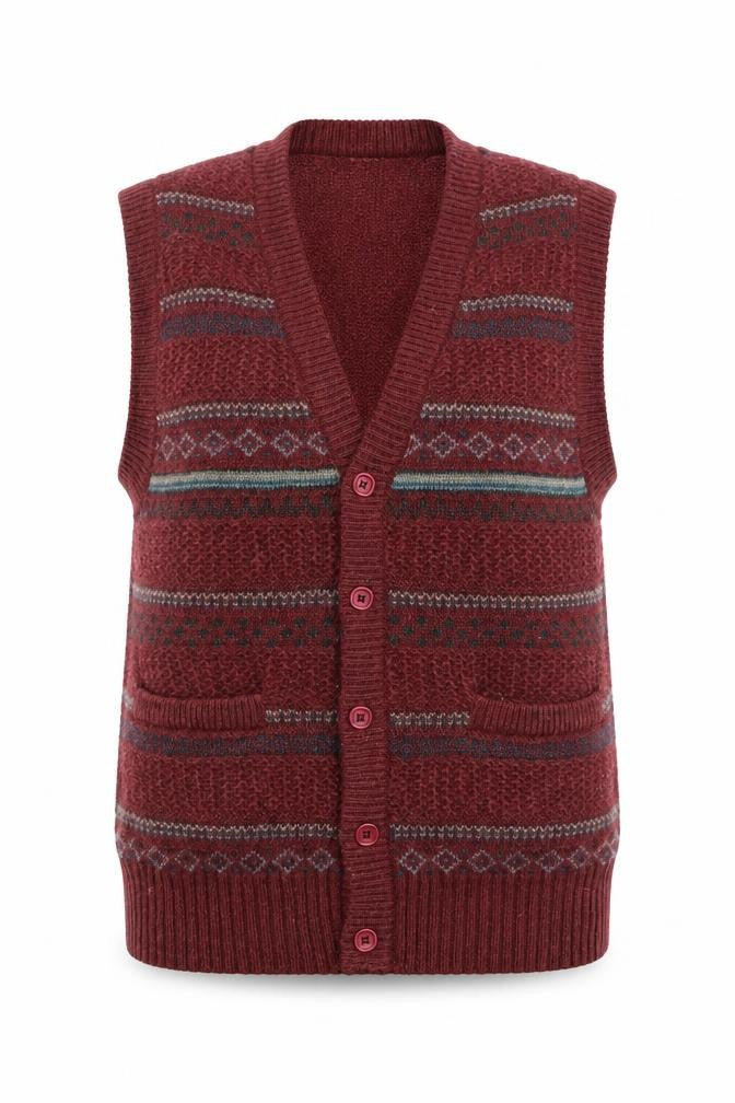 Talbots Women Burgundy Fair Isle Knit Button Vest L Wool Blend