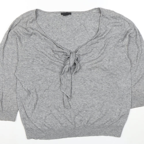 H&M Women Grey M Boat Neck Tie Front Jumper 3/4 Sleeve Lightweight