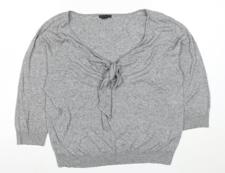 H&M Women Grey M Boat Neck Tie Front Jumper 3/4 Sleeve Lightweight