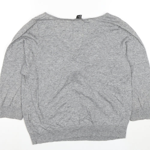 H&M Women Grey M Boat Neck Tie Front Jumper 3/4 Sleeve Lightweight