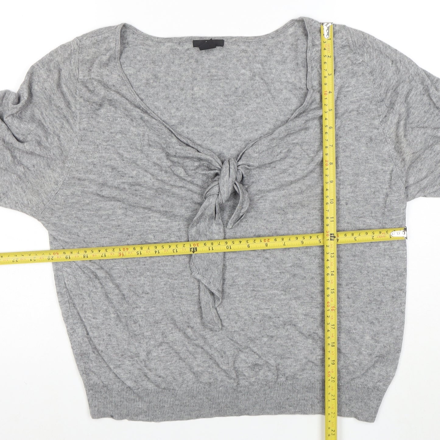 H&M Women Grey M Boat Neck Tie Front Jumper 3/4 Sleeve Lightweight