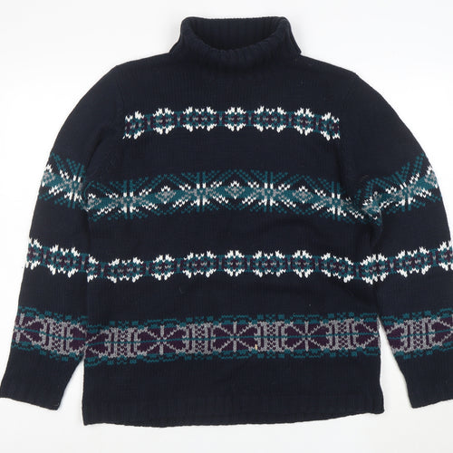 Denim & Co. Men's Blue Fair Isle Roll Neck Chunky Knit Jumper L