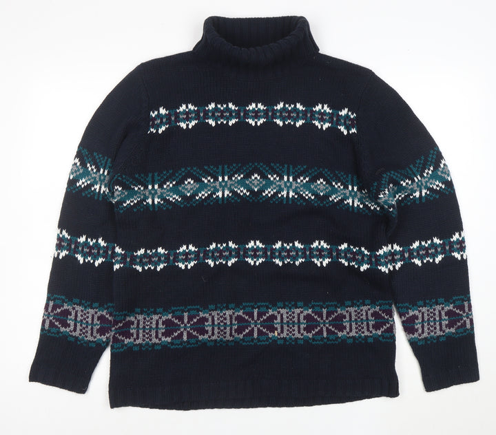 Denim & Co. Men's Blue Fair Isle Roll Neck Chunky Knit Jumper L