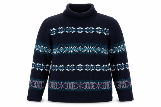 Front view of Denim & Co. Men's Blue Fair Isle Roll Neck Chunky Knit Jumper L