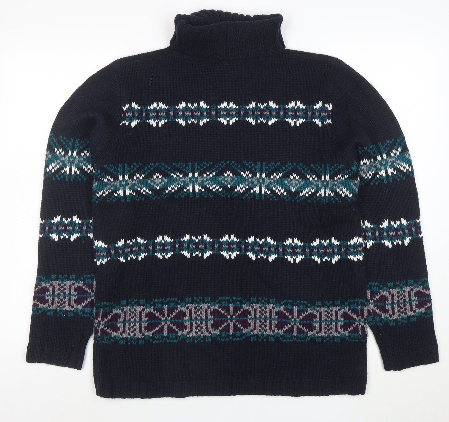 Denim & Co. Men's Blue Fair Isle Roll Neck Chunky Knit Jumper L