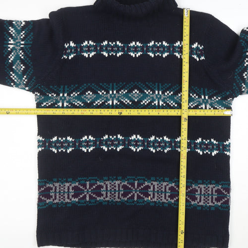 Denim & Co. Men's Blue Fair Isle Roll Neck Chunky Knit Jumper L
