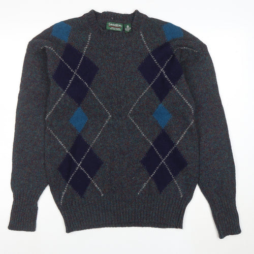 Savile Row Men's Blue Wool Argyle Pullover Jumper M