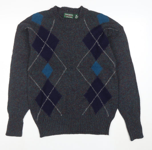 Savile Row Men's Blue Wool Argyle Pullover Jumper M