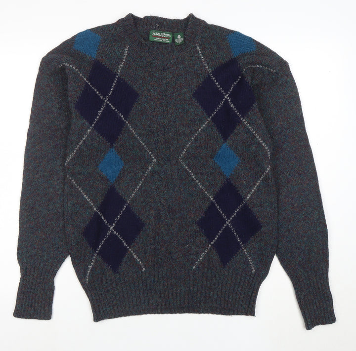 Savile Row Men's Blue Wool Argyle Pullover Jumper M