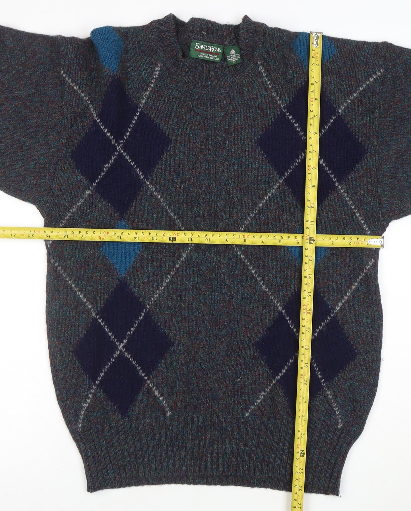 Savile Row Men's Blue Wool Argyle Pullover Jumper M