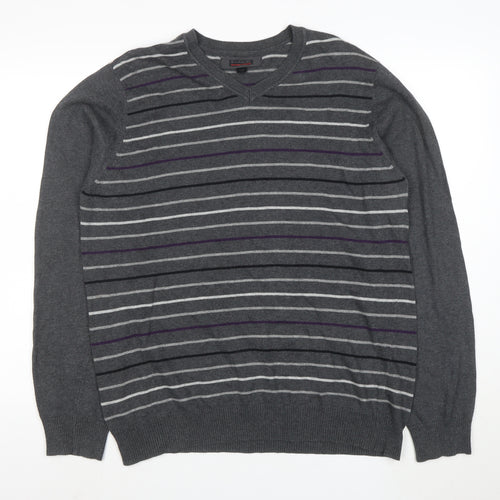 Emanuele Ungaro Men’s Grey Striped V-Neck Cotton Jumper Size L