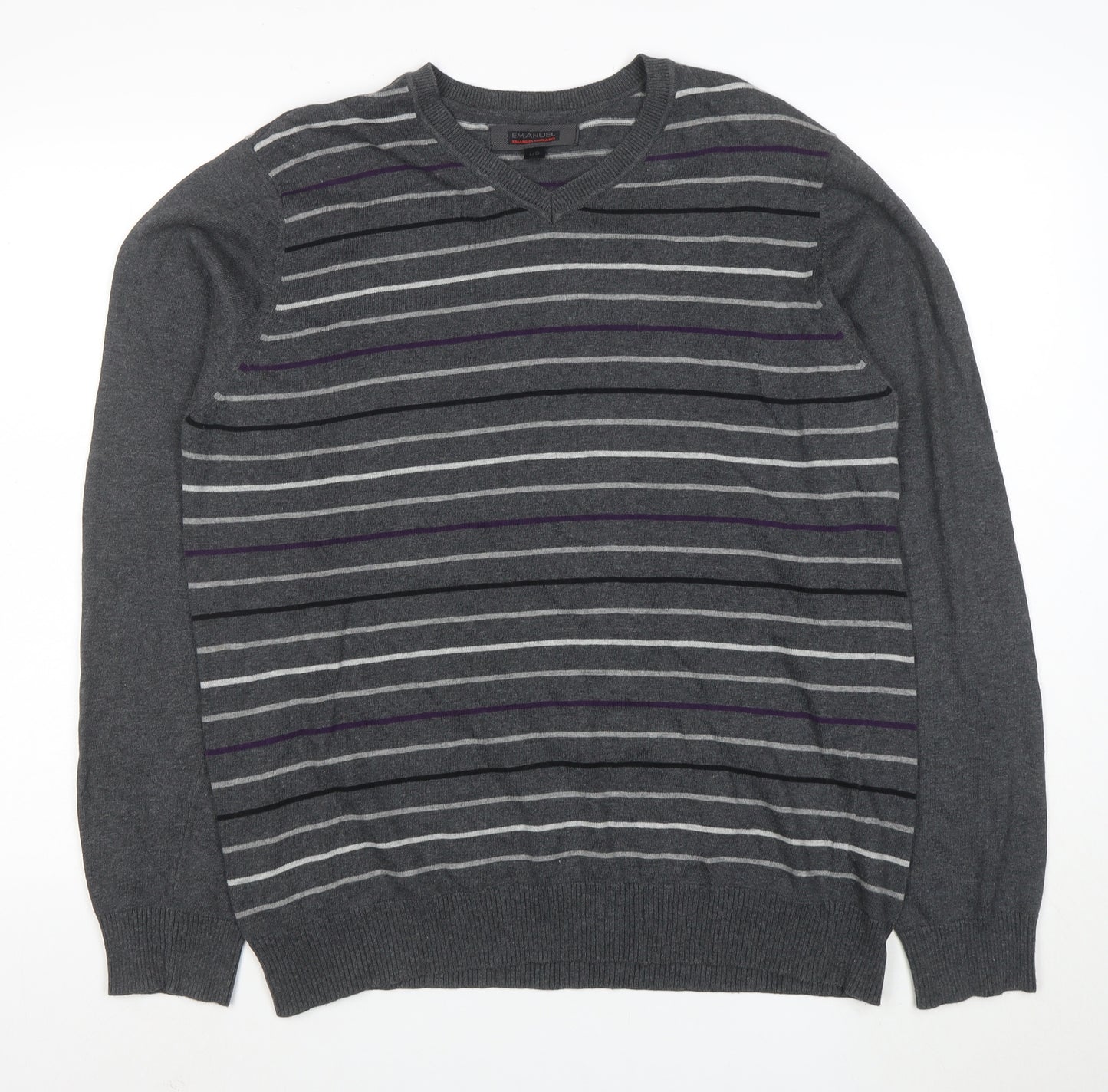 Emanuele Ungaro Men’s Grey Striped V-Neck Cotton Jumper Size L
