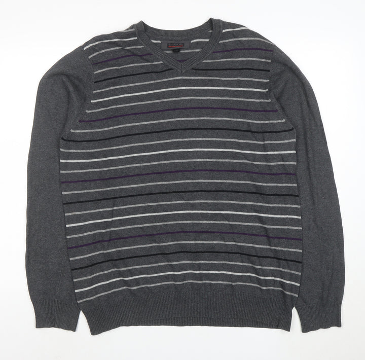 Emanuele Ungaro Men’s Grey Striped V-Neck Cotton Jumper Size L