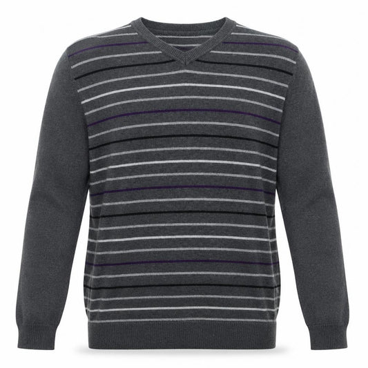 Front view of Emanuele Ungaro Men’s Grey Striped V-Neck Cotton Jumper, size L