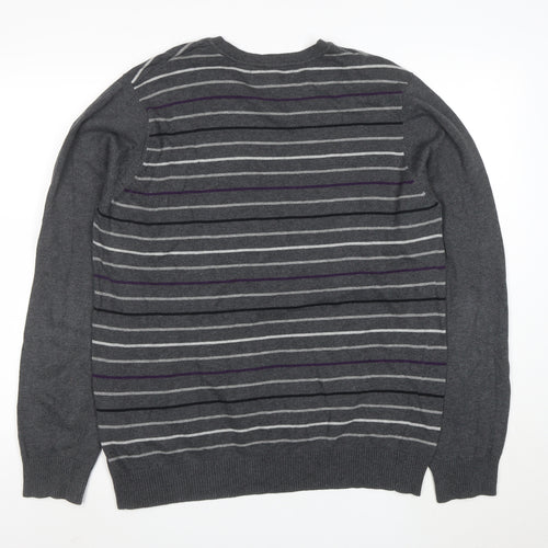 Emanuele Ungaro Men’s Grey Striped V-Neck Cotton Jumper Size L
