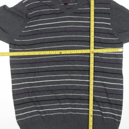 Emanuele Ungaro Men’s Grey Striped V-Neck Cotton Jumper Size L
