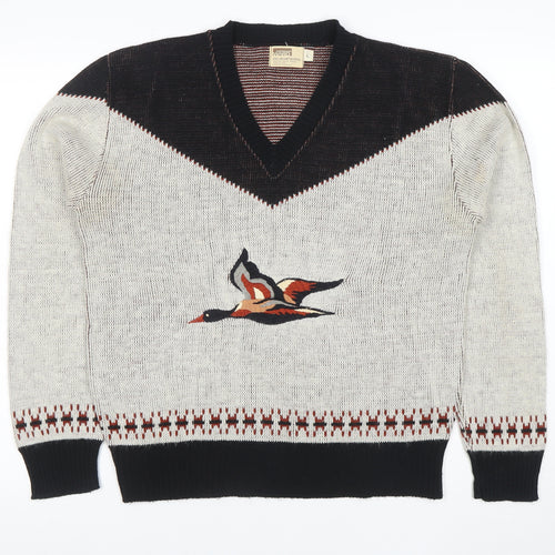 Montgomery Ward Women Beige Black V-Neck Pullover Jumper L Acrylic Bird Motif