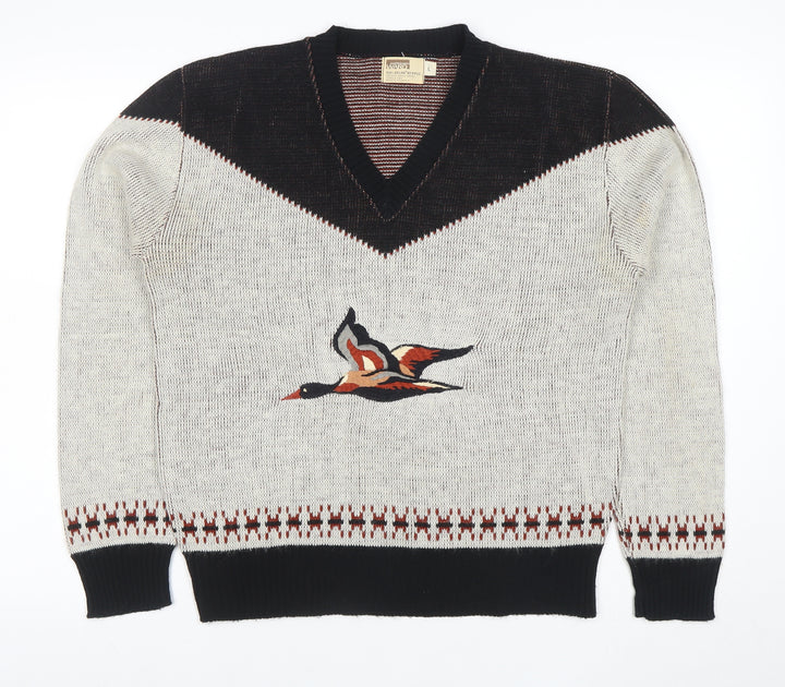 Montgomery Ward Women Beige Black V-Neck Pullover Jumper L Acrylic Bird Motif