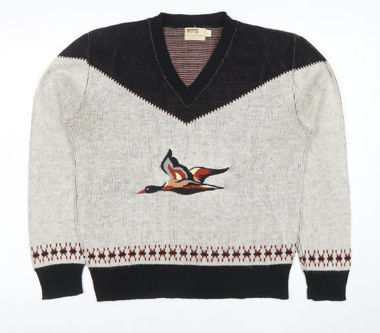 Montgomery Ward Women Beige Black V-Neck Pullover Jumper L Acrylic Bird Motif