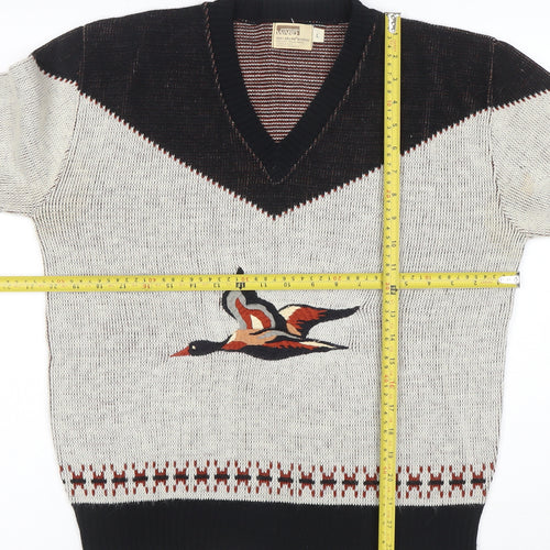Montgomery Ward Women Beige Black V-Neck Pullover Jumper L Acrylic Bird Motif