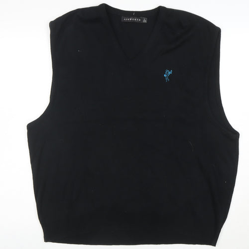Ashworth Men Black Cotton V-Neck Knit Golf Vest L Classic Fit