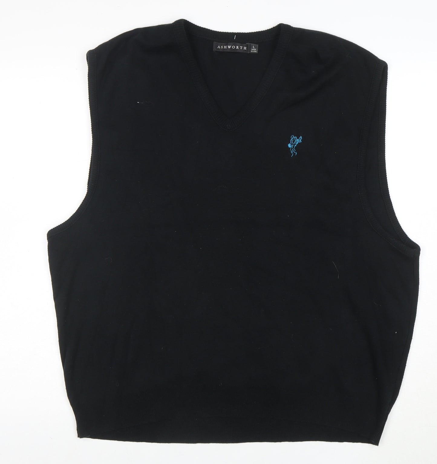 Ashworth Men Black Cotton V-Neck Knit Golf Vest L Classic Fit