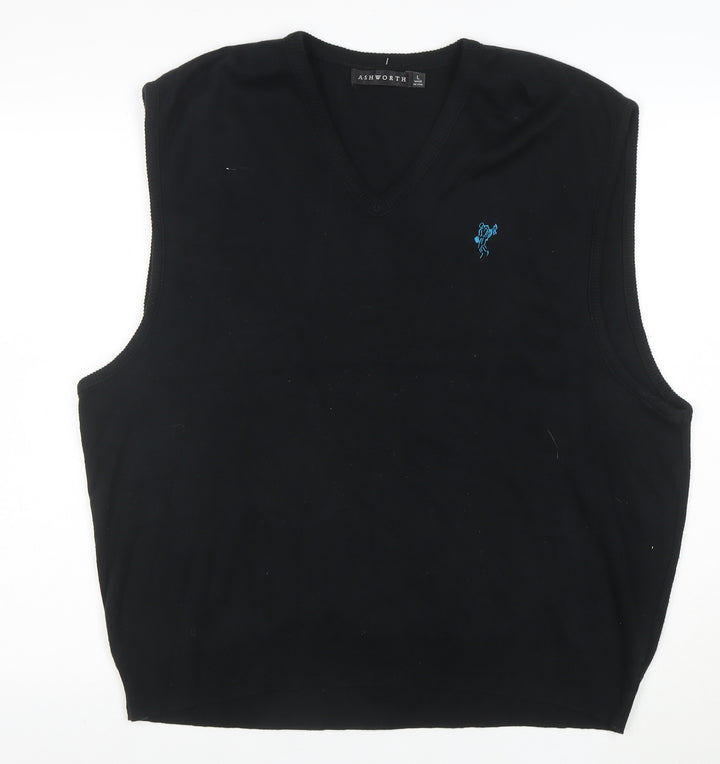 Ashworth Men Black Cotton V-Neck Knit Golf Vest L Classic Fit