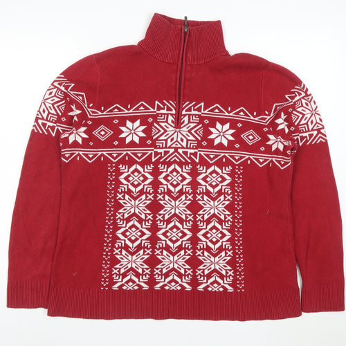 Eddie Bauer Men's Red Fair Isle 1/2 Zip Cotton Winter Jumper XL