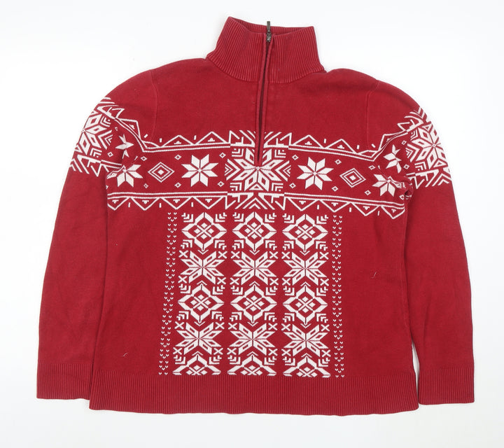 Eddie Bauer Men's Red Fair Isle 1/2 Zip Cotton Winter Jumper XL