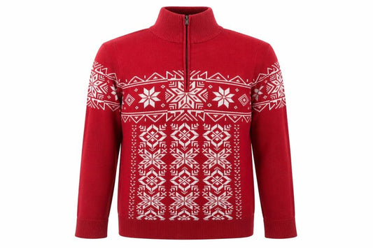 Front view of Eddie Bauer Men's Red Fair Isle 1/2 Zip Cotton Winter Jumper XL