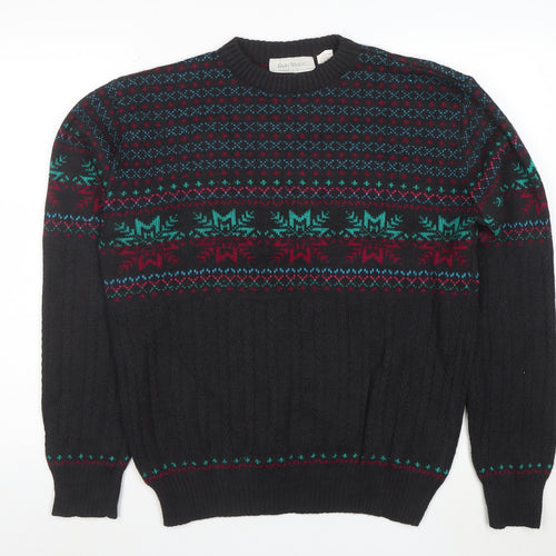 Rob Winter Men's Black Fair Isle Knit Jumper M Acrylic 90s Style