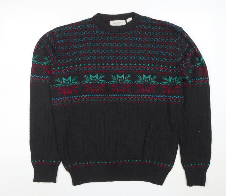 Rob Winter Men's Black Fair Isle Knit Jumper M Acrylic 90s Style