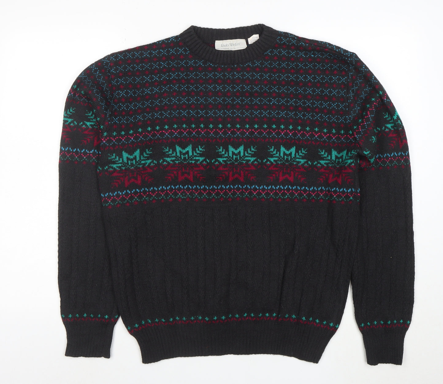 Rob Winter Men's Black Fair Isle Knit Jumper M Acrylic 90s Style